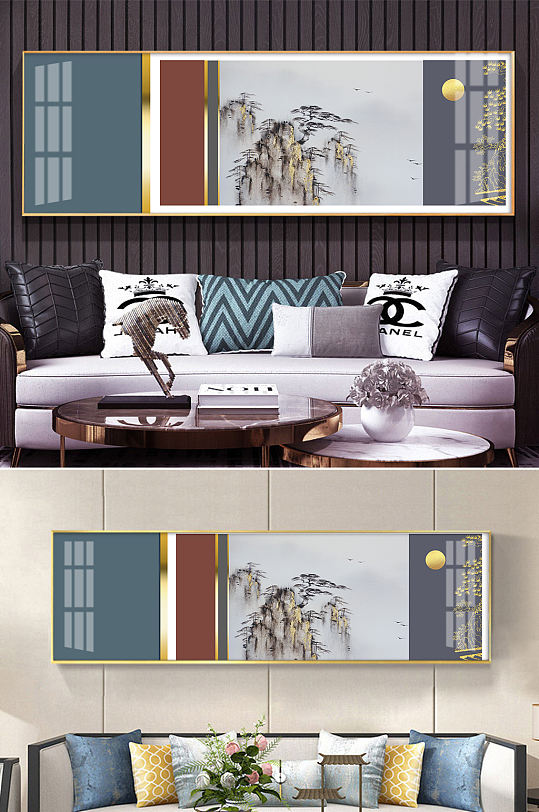 中式山水线条国画装饰画-众图网