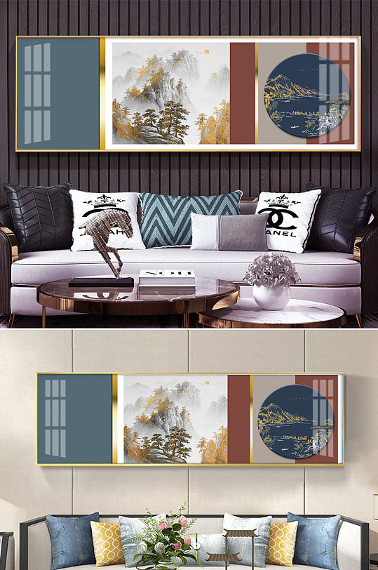 中式山水线条国画装饰画-众图网