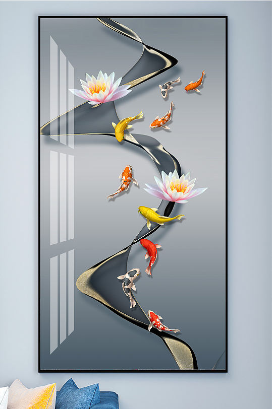 荷花飄帶九魚(yú)圖年年有魚(yú)裝飾畫(huà)