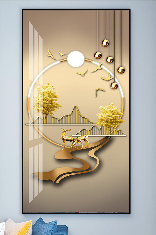 金色麋鹿发财鹿晶瓷画