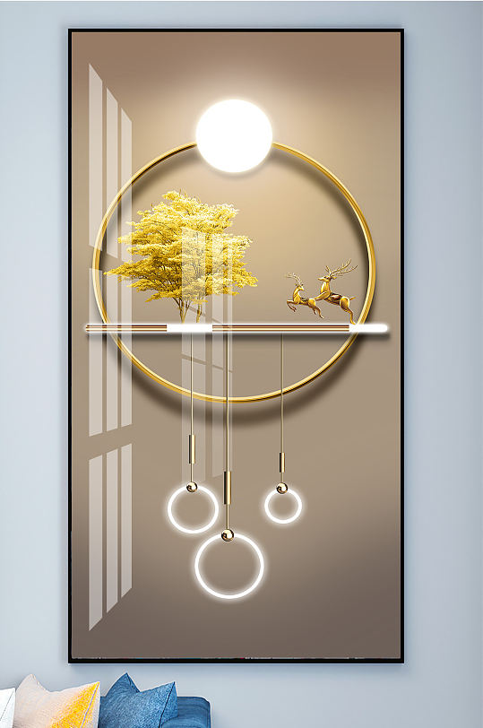 金色麋鹿发财鹿晶瓷画-众图网