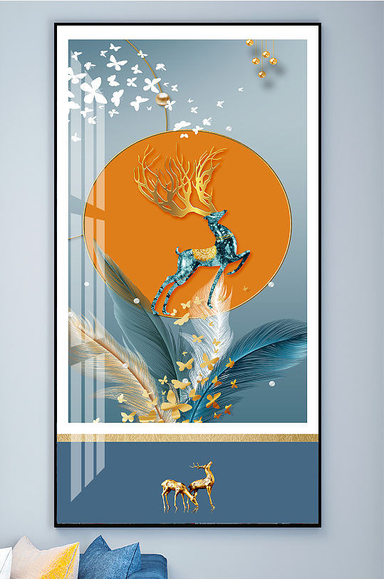 金色麋鹿发财鹿晶瓷画