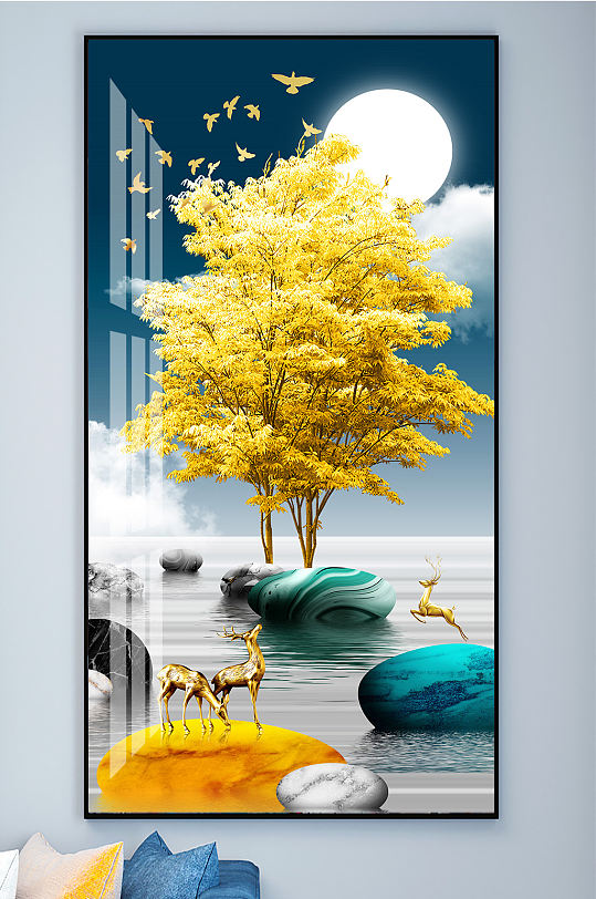 金色麋鹿发财鹿晶瓷画-众图网