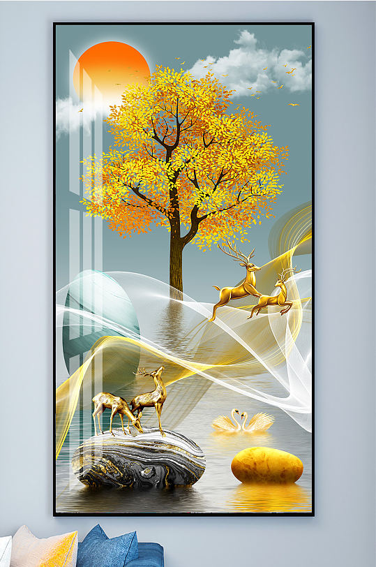 金色麋鹿发财鹿晶瓷画