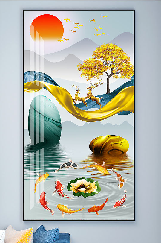 金色麋鹿发财鹿晶瓷画-众图网