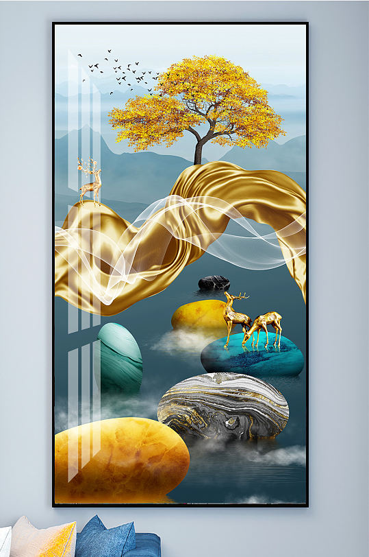 金色麋鹿发财鹿晶瓷画