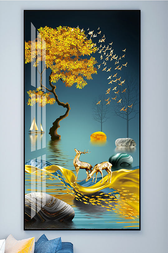 金色麋鹿发财鹿晶瓷画