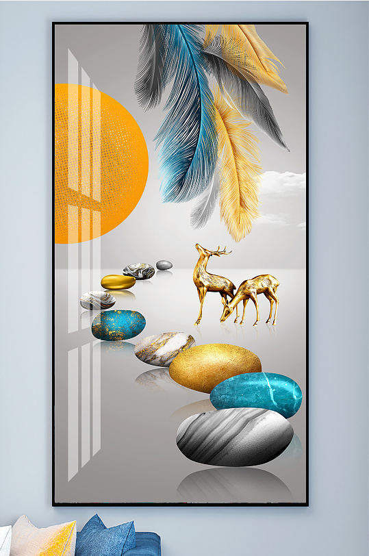 金色麋鹿发财鹿晶瓷画