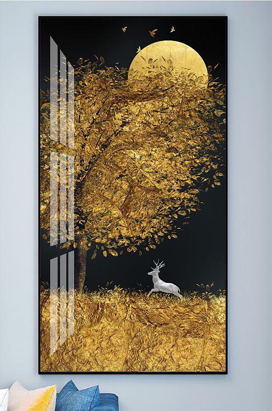 金色麋鹿发财鹿晶瓷画