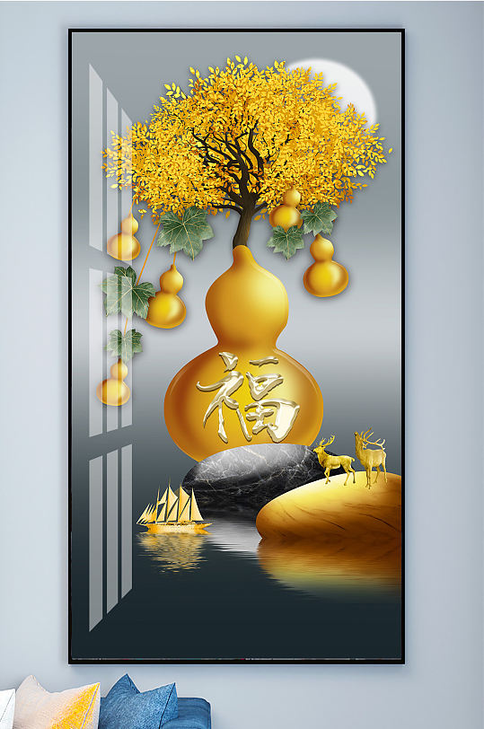 金色麋鹿发财鹿五福临门装饰画-众图网