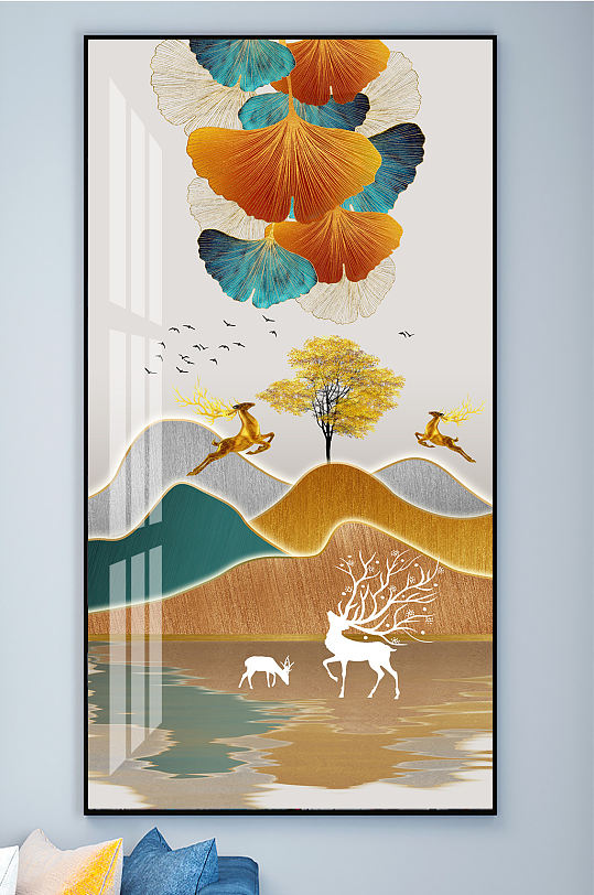 金色山水麋鹿发财鹿装饰画