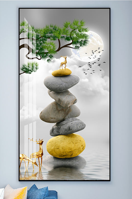 金色麋鹿石来运转发财鹿晶瓷画