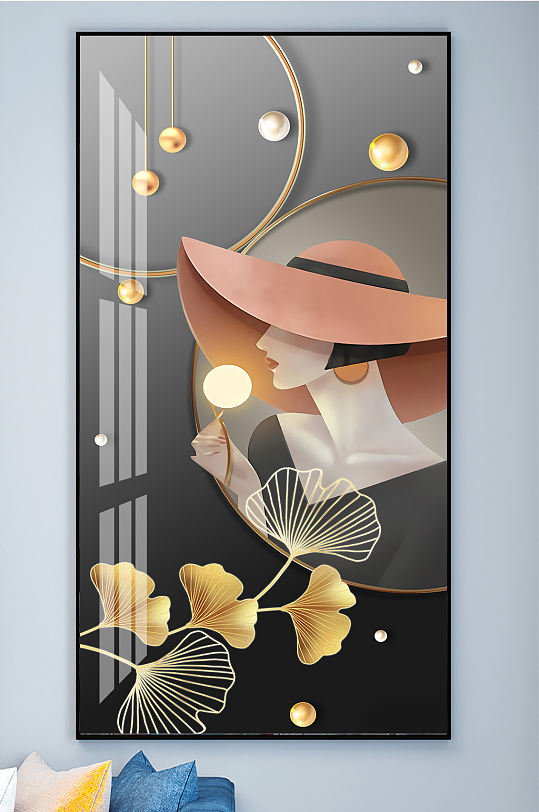 金色银杏叶发财叶美女装饰画-众图网