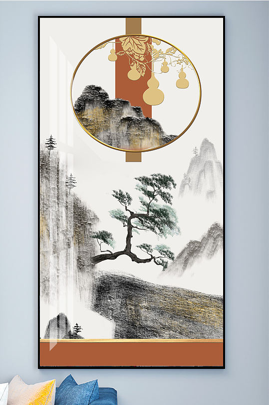 中式山水五福临门国画装饰画-众图网