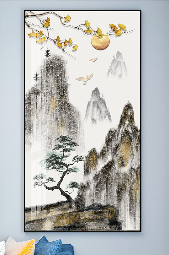 中式山水发财叶国画装饰画 大气山河图
