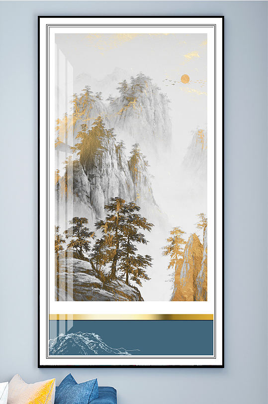 中式山水线条国画装饰画-众图网