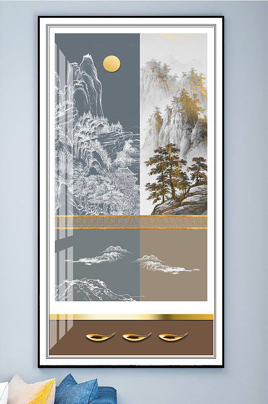 中式山水线条国画装饰画-众图网