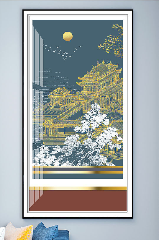 中式山水线条国画装饰画-众图网