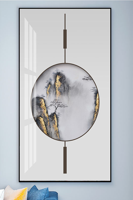 中式山水线条国画装饰画-众图网