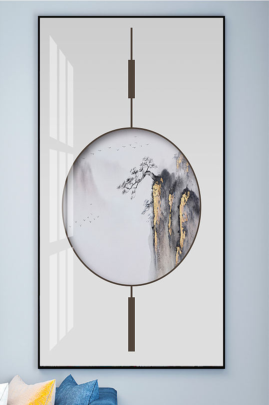 中式山水线条国画装饰画-众图网