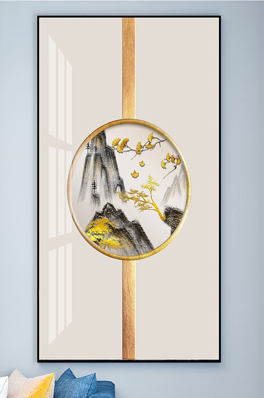 中式山水线条国画装饰画-众图网