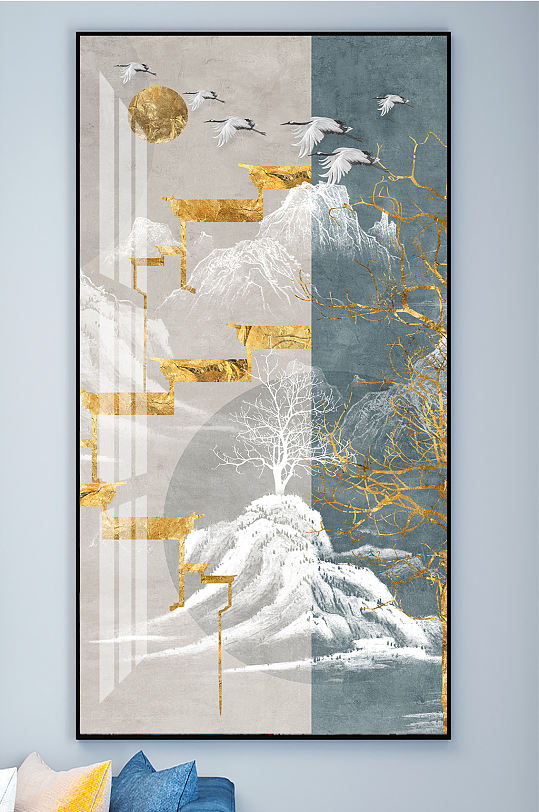 中式山水线条国画装饰画-众图网