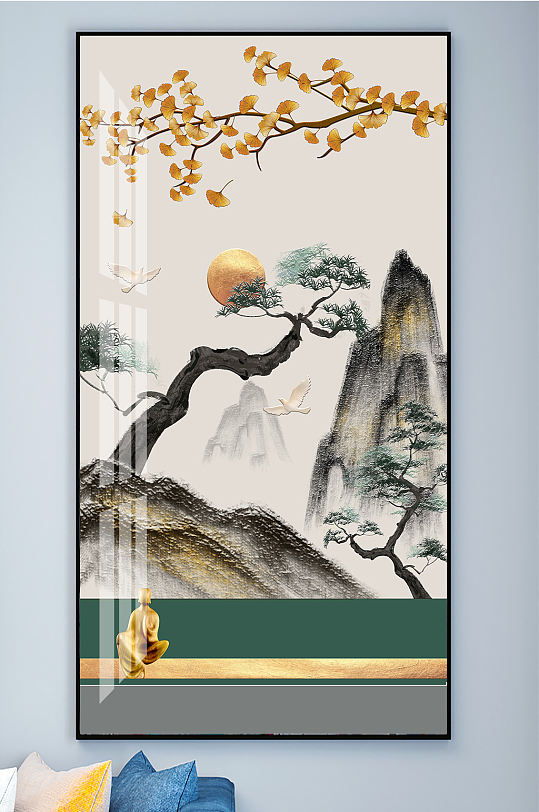 中式山水银杏叶国画装饰画-众图网