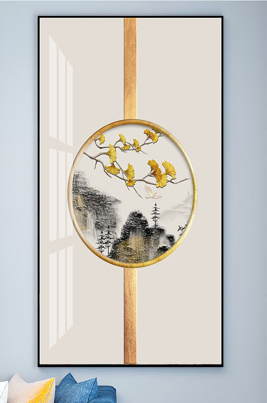 中式山水银杏叶国画装饰画