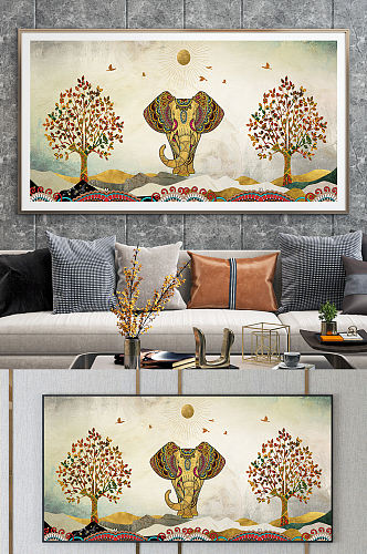 金色大象发财树装饰画