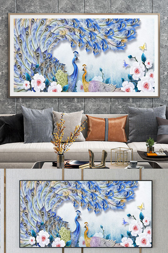 国画孔雀家和富贵装饰画-众图网