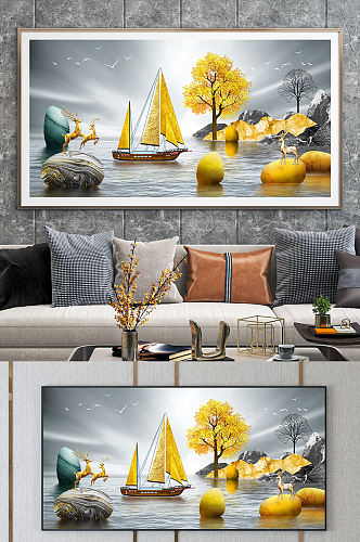 金色麋鹿一帆风顺意境山水装饰画