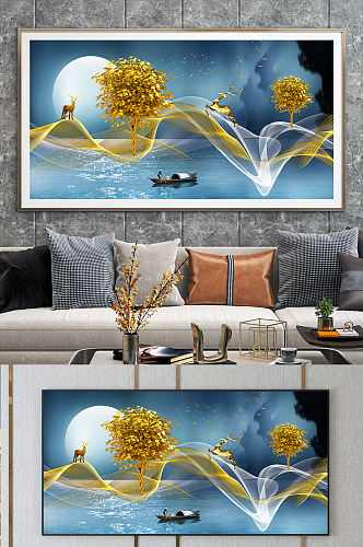 抽象金色麋鹿山水装饰画