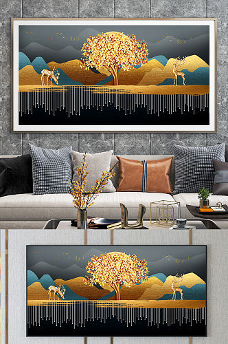 线条金色麋鹿意境山水晶瓷画