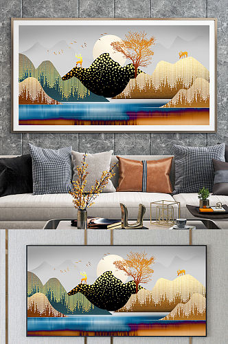 麋鹿线条金色山水意境晶瓷画