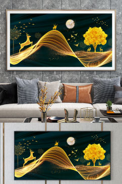 金色丝带麋鹿山水晶瓷画