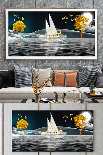 金色帆船一帆风顺线条麋鹿意境山水装饰画