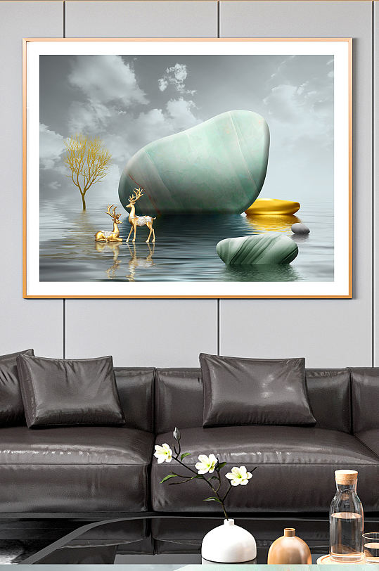 金色麋鹿转运石装饰画-众图网