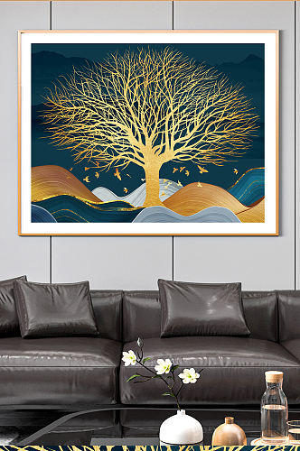 抽象轻奢风景山水金色发财树客厅装饰画