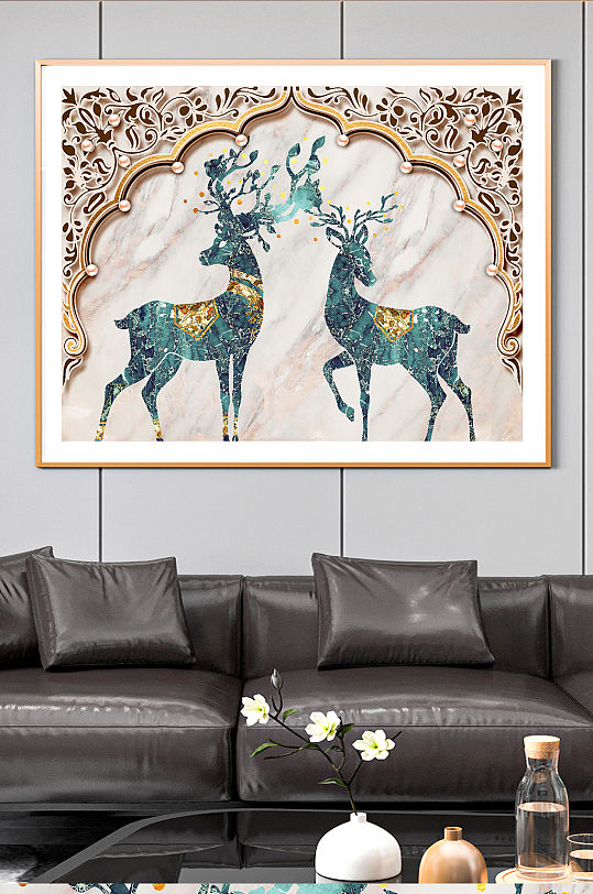 欧式复古大理石麋鹿奢华抽象客厅装饰画