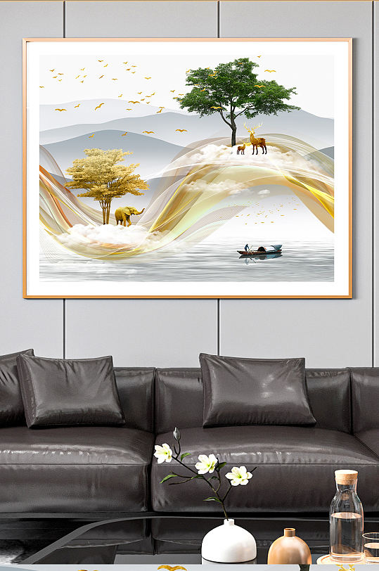 金色大象麋鹿意境山水装饰画