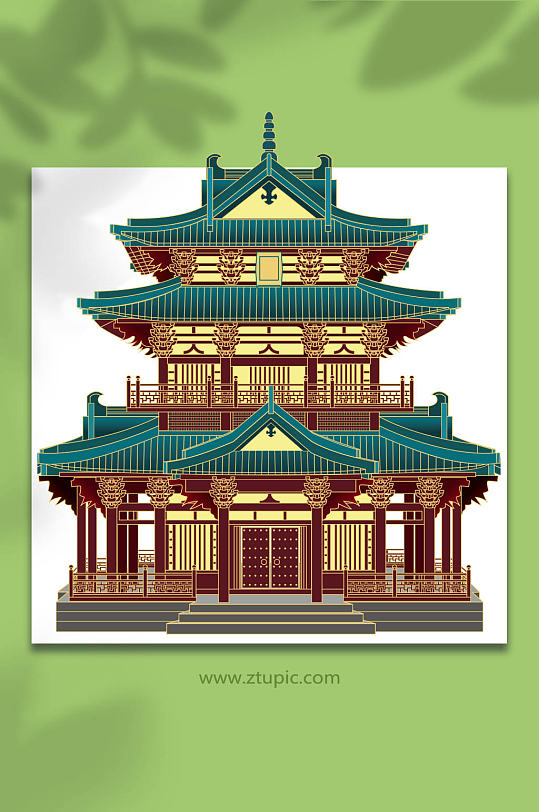 逍遥楼古风建筑手绘插画矢量图