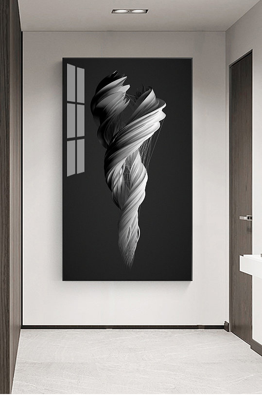 黑白抽象岩石丝绸装饰画