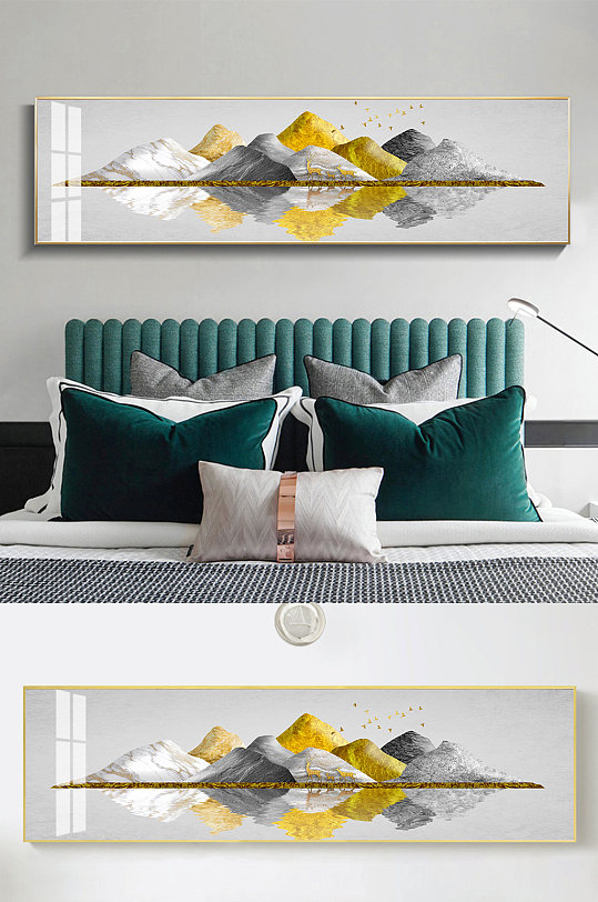 现代中式金色山水床头画-众图网