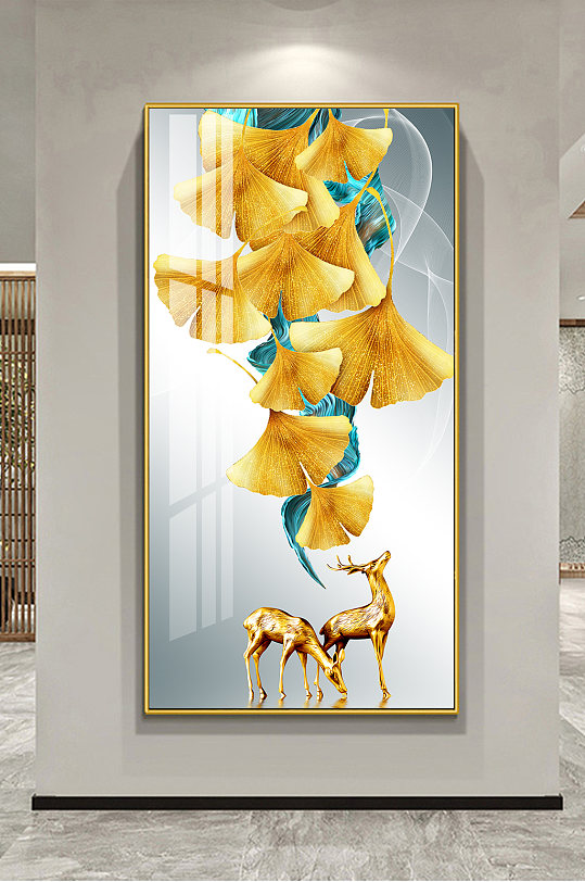 金色麋鹿杏叶玄关装饰画-众图网