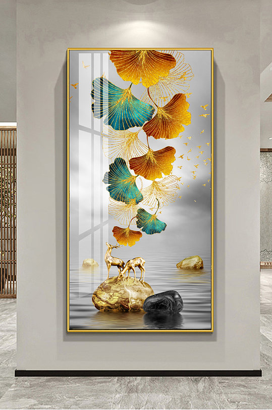 金色麋鹿杏叶玄关装饰画-众图网