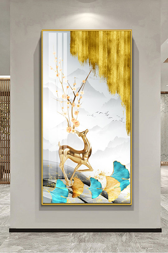 金色麋鹿杏叶玄关装饰画-众图网