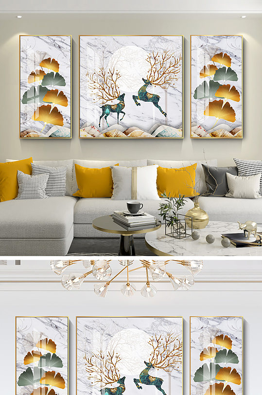 抽象轻奢中式客厅装饰画-众图网