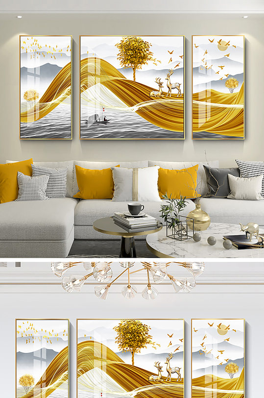 抽象轻奢中式客厅装饰画-众图网