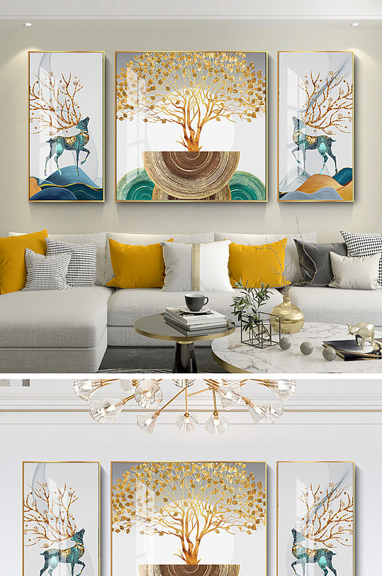 抽象轻奢中式客厅装饰画-众图网