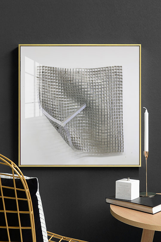 银色几何方块抽象装饰画